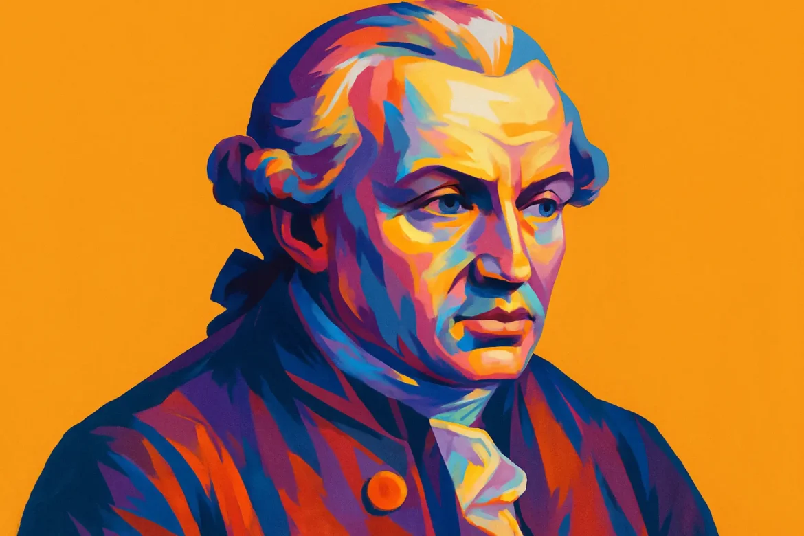 Vivid, colorful artistic portrait of Immanuel Kant (1724 – 1804), the influential German philosopher whose work laid the foundations of modern moral philosophy and critical thinking. Known for his 'Categorical Imperative' and works such as 'Critique of Practical Reason', Kant’s ethics emphasize duty, autonomy, and the intrinsic worth of every rational being.