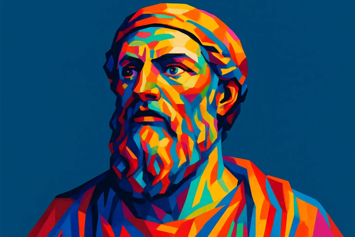 Colorful artistic portrait of Parmenides (c. 515 – c. 445 BCE), a pre-Socratic Greek philosopher from Elea, renowned for his foundational contributions to metaphysics and ontology. Considered one of the most important figures in Western philosophy, Parmenides argued that reality is unchanging and that all change is an illusion, challenging the beliefs of his contemporaries and paving the way for later philosophical inquiry.