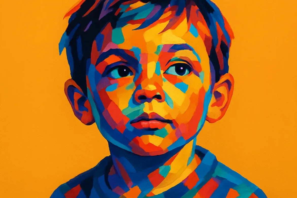 Vivid and expressive digital painting of a young boy, depicted in a vibrant spectrum of colors including blue, orange, red, and yellow. The child's face and shirt are rendered in a mosaic-like pattern, bringing emotion and depth to the image. Set against a solid orange background, the portrait captures the essence of wonder, innocence, and curiosity, celebrating the beauty and potential of childhood.
