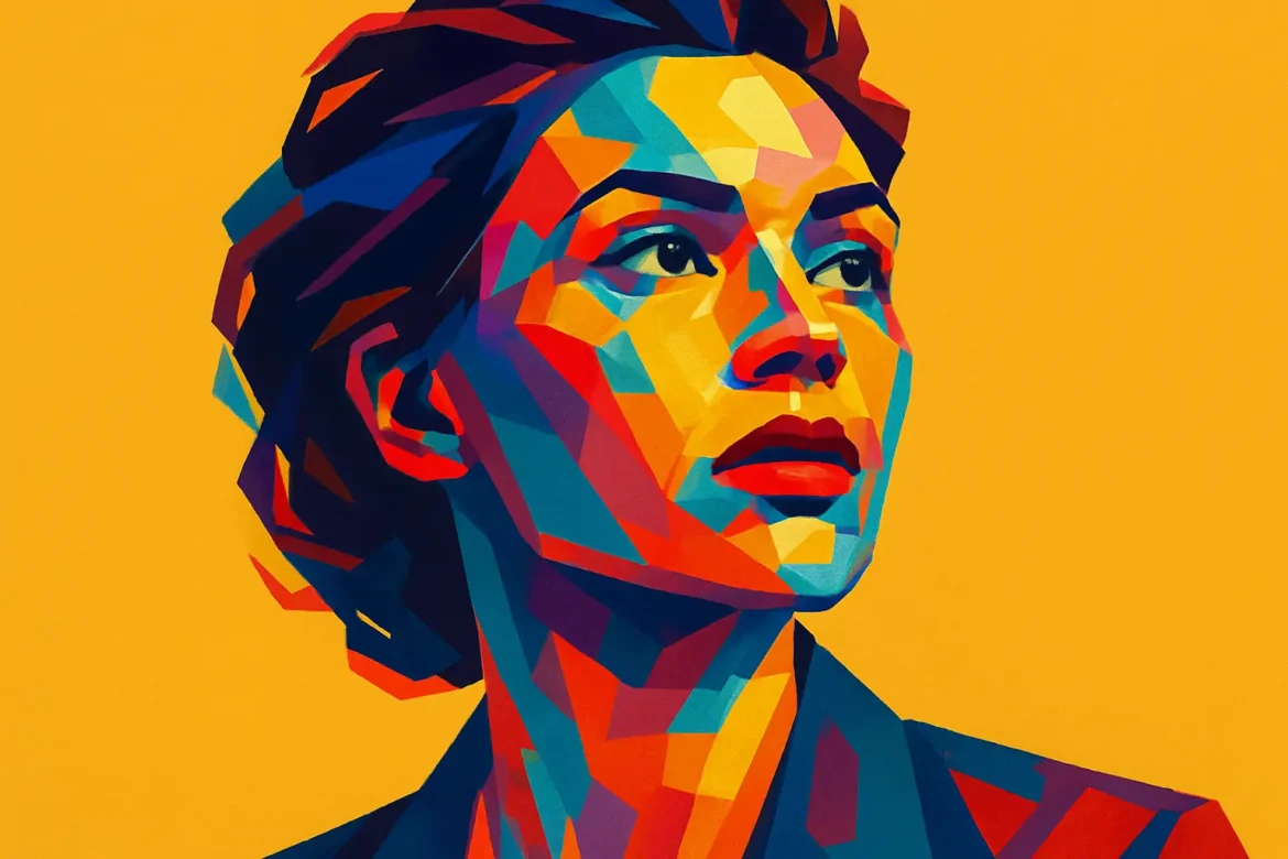 Vivid and geometric digital illustration of a woman gazing upwards with a contemplative expression, rendered in a bold pop-art style. The use of angular shapes and vibrant colors—including shades of red, blue, orange, and yellow—creates a sense of depth and emotion. The bright yellow background contrasts dramatically with the subject, highlighting her significance and evoking themes of love, passion, and decisive moments, such as a marriage proposal.