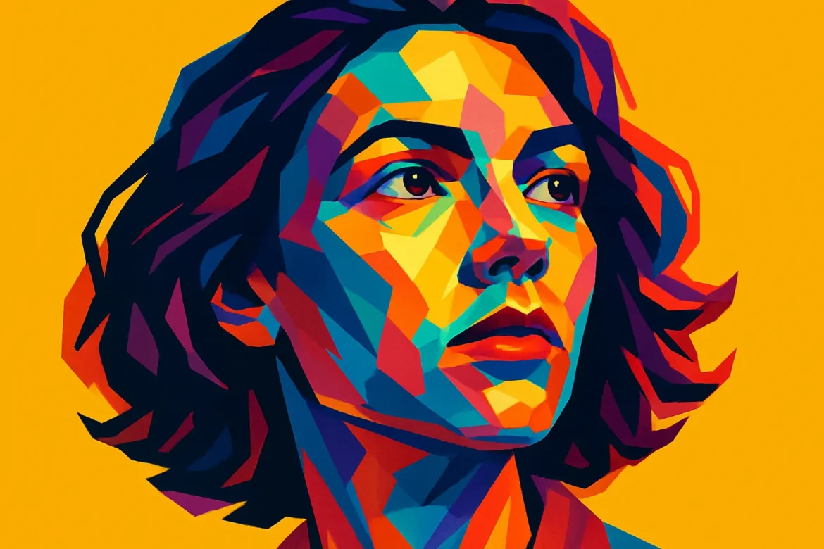 Vivid, polygonal-style digital portrait of a woman gazing forward with determination against a bold yellow background. This artwork, inspired by the theme '12 Quotes on the Future', embodies hope, resolve, and the limitless possibilities of tomorrow. The luminous colors emphasize the forward-thinking spirit and the diversity of perspectives that shape our vision of what lies ahead.