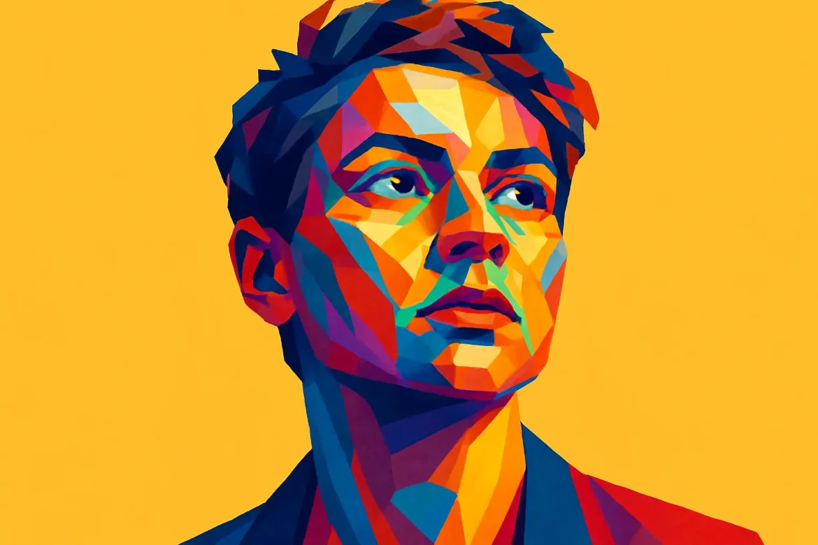 Vivid and geometric pop-art style portrait of a person gazing upward in deep contemplation, set against a bold yellow background. This artistic representation reflects the theme of 'Free Will', symbolizing introspection, choice, and the internal struggle between destiny and autonomy.