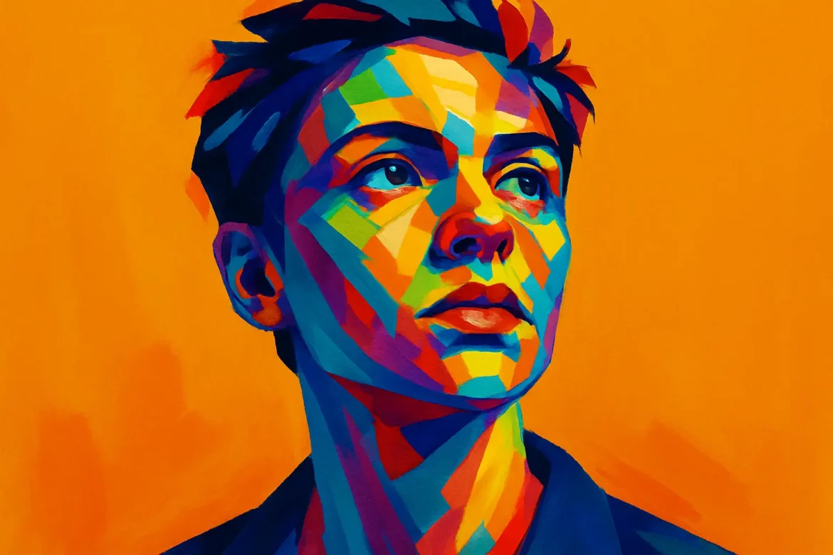 A colorful and expressive digital portrait of a contemplative person, blending vivid geometric patterns in shades of blue, red, orange, and green. Set against a warm orange background, the artwork captures a moment of introspection and awareness, aligning with the theme of existence. The striking contrast and abstract style emphasize the inner complexity of the subject, symbolizing the layered and multifaceted nature of human consciousness and philosophical inquiry.