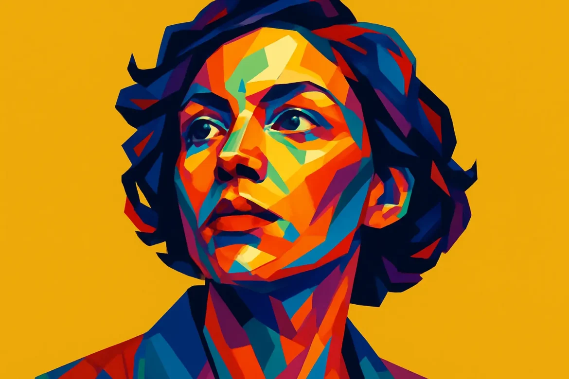 Vivid and colorful abstract portrait of a thoughtful woman, composed of bold geometric shapes and a rich palette of blues, oranges, and reds. Set against a solid yellow background, the image conveys intensity and introspection, perfectly aligning with themes of personal growth and insight found in quotes about experience.