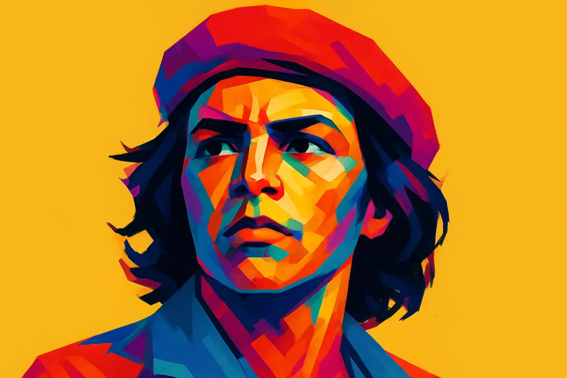 Vibrant and stylized pop art portrait of a young revolutionary figure wearing a red beret against a bold yellow background. The intense colors and sharp geometric shapes convey a sense of urgency and idealism often associated with revolutionary movements. The striking expression captures the determination and passion of those who fight for change, symbolizing the enduring spirit of resistance and transformation.