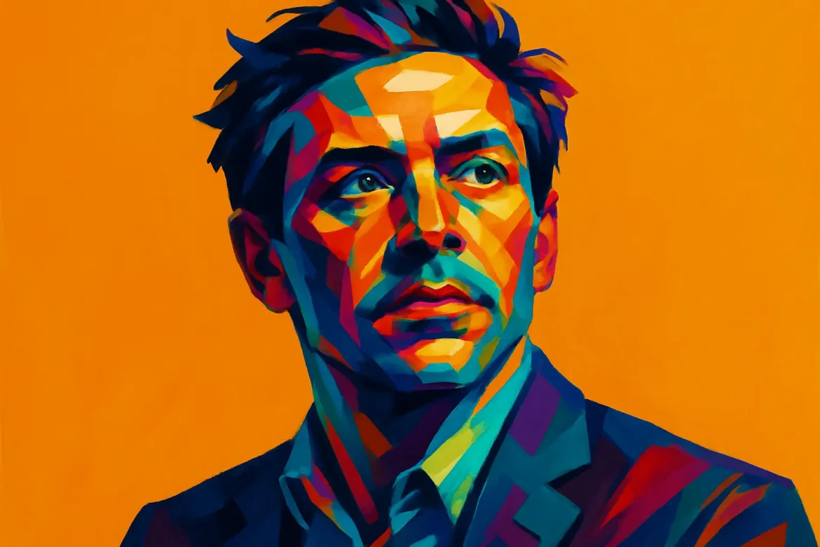 Vivid and geometric digital artwork of a man gazing upward with determination, set against a striking orange background. His intense expression and suit suggest professionalism and ambition, representing the spirit of innovation and the forward-thinking mindset often found in engineers around the world. The abstract, multicolored style evokes complex problem-solving and creativity—hallmarks of the engineering profession, aligning with the theme '12 Quotes for Engineers.'