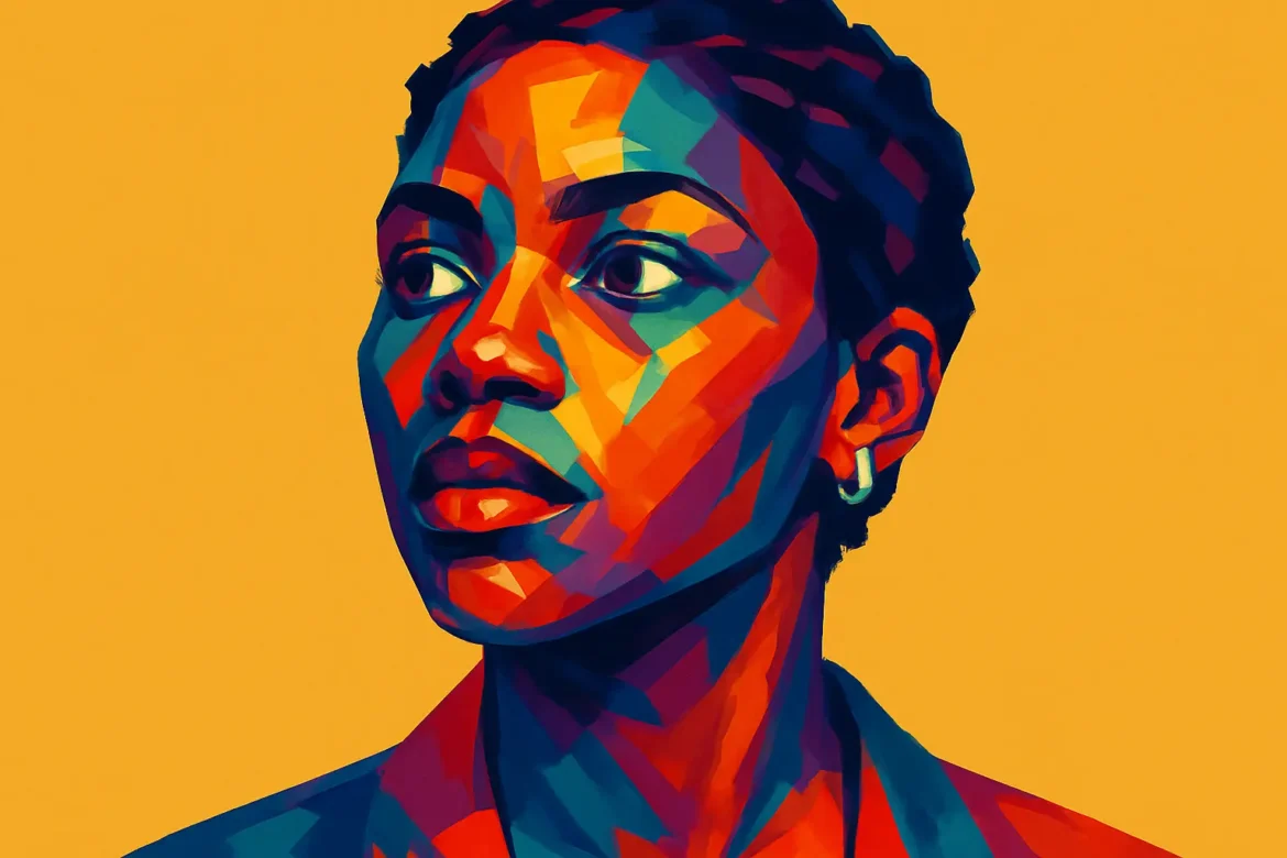Vivid and colorful digital artwork depicting a confident Black woman gazing into the distance, set against a solid yellow background. This expressive portrait uses bold geometric shapes and vibrant hues to convey themes of strength, dignity, and the ongoing struggle for equality. The image powerfully reflects the spirit of empowerment and the universal message of equal rights and human value.