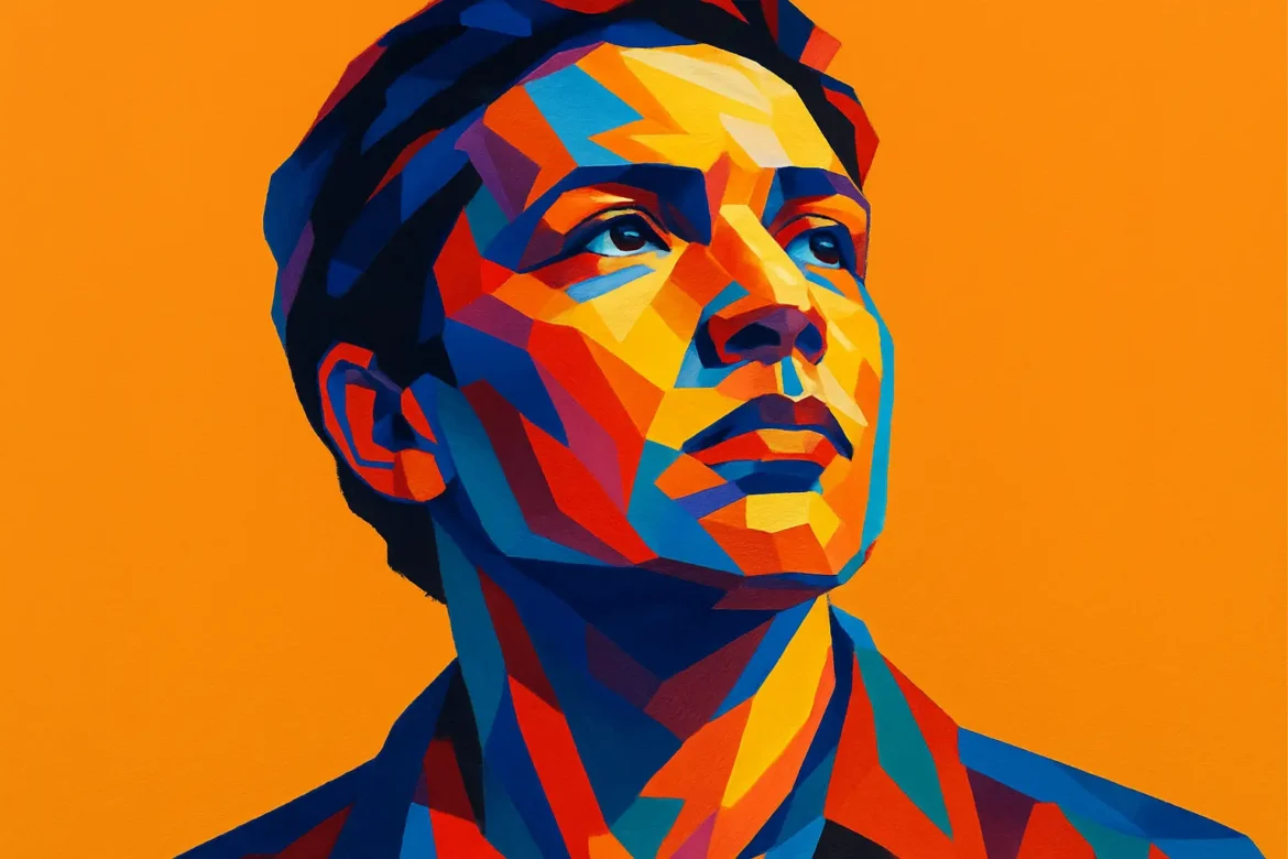 Vibrant abstract portrait of an anonymous figure gazing upward with determination, presented in bold, geometric strokes of red, blue, orange, and yellow against a solid orange background. The image evokes a strong sense of patriotism, idealism, and hope—visually resonating with the spirit of national pride and dedication that accompanies quotes on patriotism.