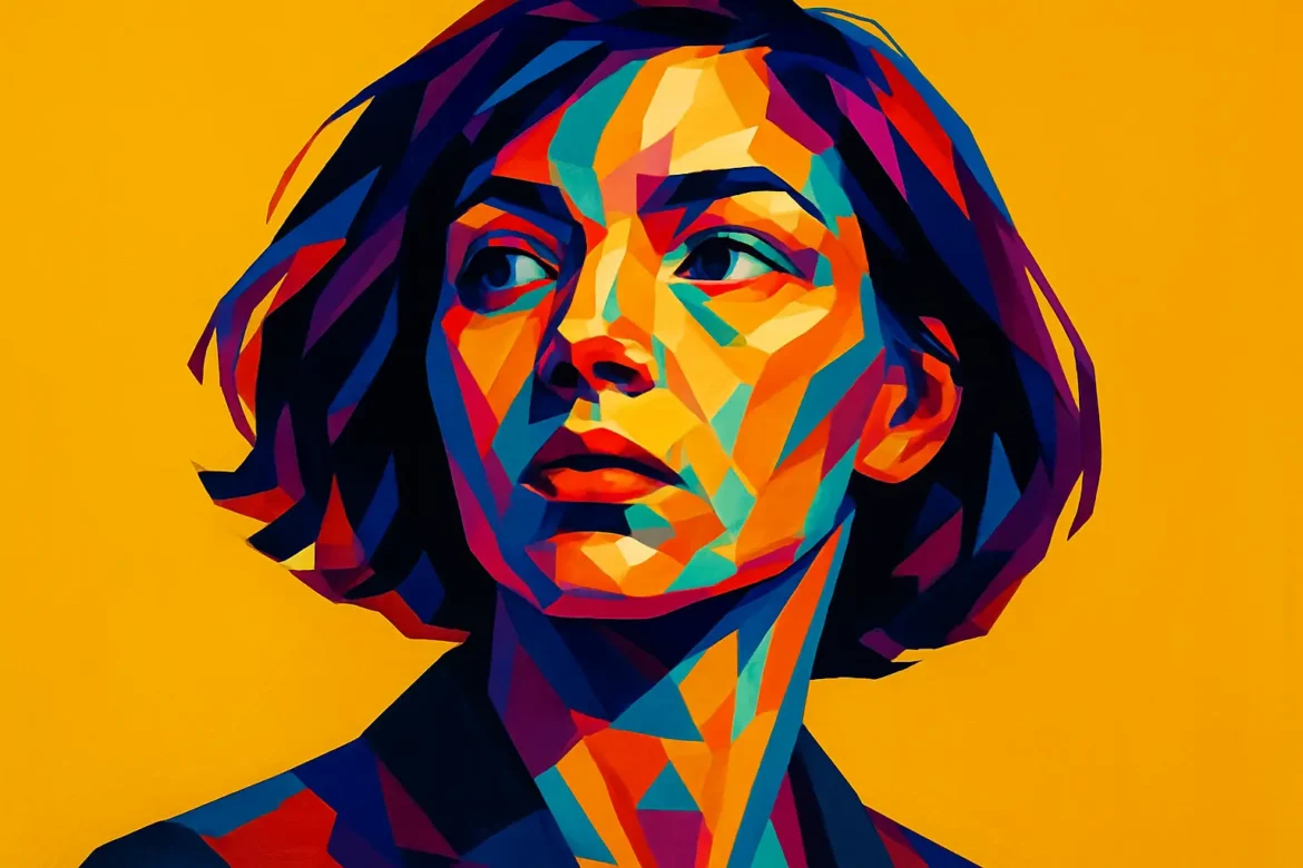 Retrato artístico de una mujer con expresión contemplativa, realizado en estilo pop art digital con colores vibrantes y contrastantes sobre un fondo amarillo intenso. La imagen transmite una sensación de presencia y reflexión sobre el momento actual, evocando la idea de vivir en el presente con atención plena y empoderamiento.