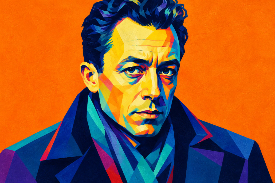 Retrato ilustrado de Albert Camus en colores vibrantes sobre fondo naranja.