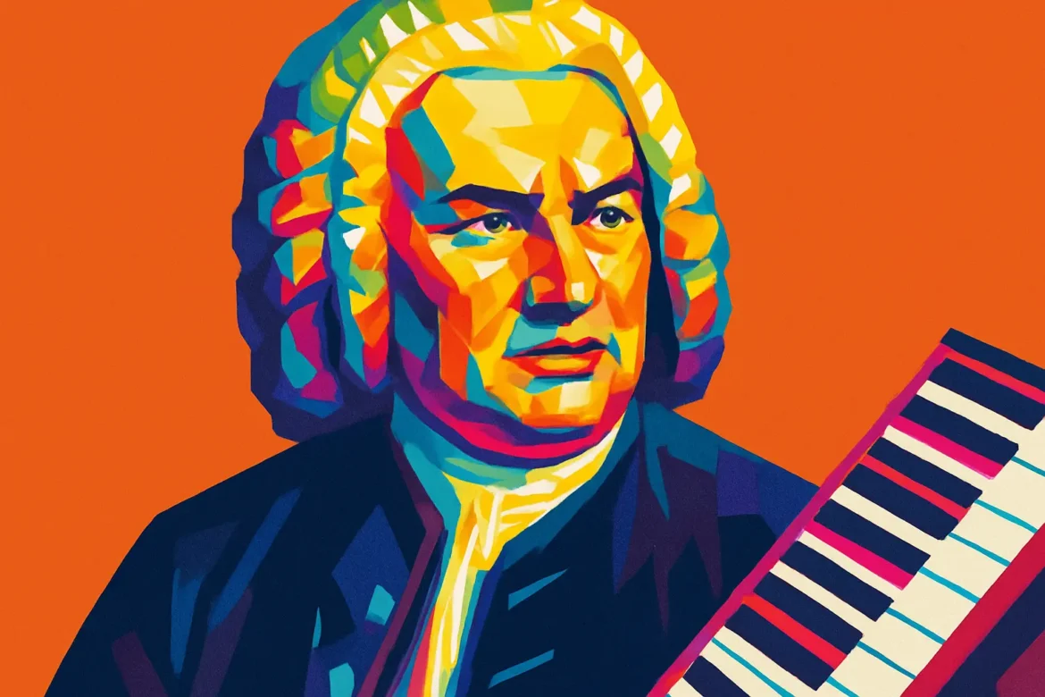 Ilustração colorida e estilizada de Johann Sebastian Bach (1685 – 1750), um dos maiores compositores do período barroco e da história da música ocidental. Reconhecido por obras como o Cravo Bem Temperado, a Missa em Si Menor e as Suítes para Violoncelo, Bach é retratado aqui com um teclado, símbolo de sua genialidade como organista e sua contribuição incomparável à música erudita.