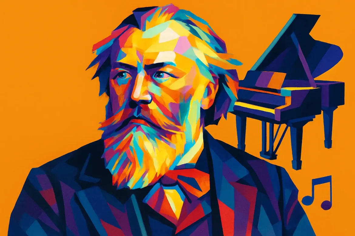 Ilustração artística em estilo pop art de Johannes Brahms (1833 – 1897), renomado compositor e pianista do período romântico. Ao fundo, um piano de cauda e uma nota musical representam sua profunda ligação com a música clássica. Reconhecido por obras como suas sinfonias, concertos, peças de câmara e o célebre 'Ein Deutsches Requiem', Brahms é considerado um dos maiores nomes da música ocidental e um dos sucessores do legado de Beethoven.
