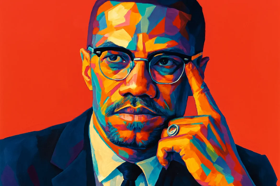 Retrato artístico e colorido de Malcolm X (1925 – 1965), influente ativista afro-americano, conhecido por sua eloquência e defesa incisiva dos direitos civis nos Estados Unidos. Ex-membro da Nação do Islã, Malcolm X destacou-se por seu posicionamento firme contra o racismo e sua ênfase no empoderamento negro, sendo uma das figuras mais marcantes da luta por justiça social nas décadas de 1950 e 1960.
