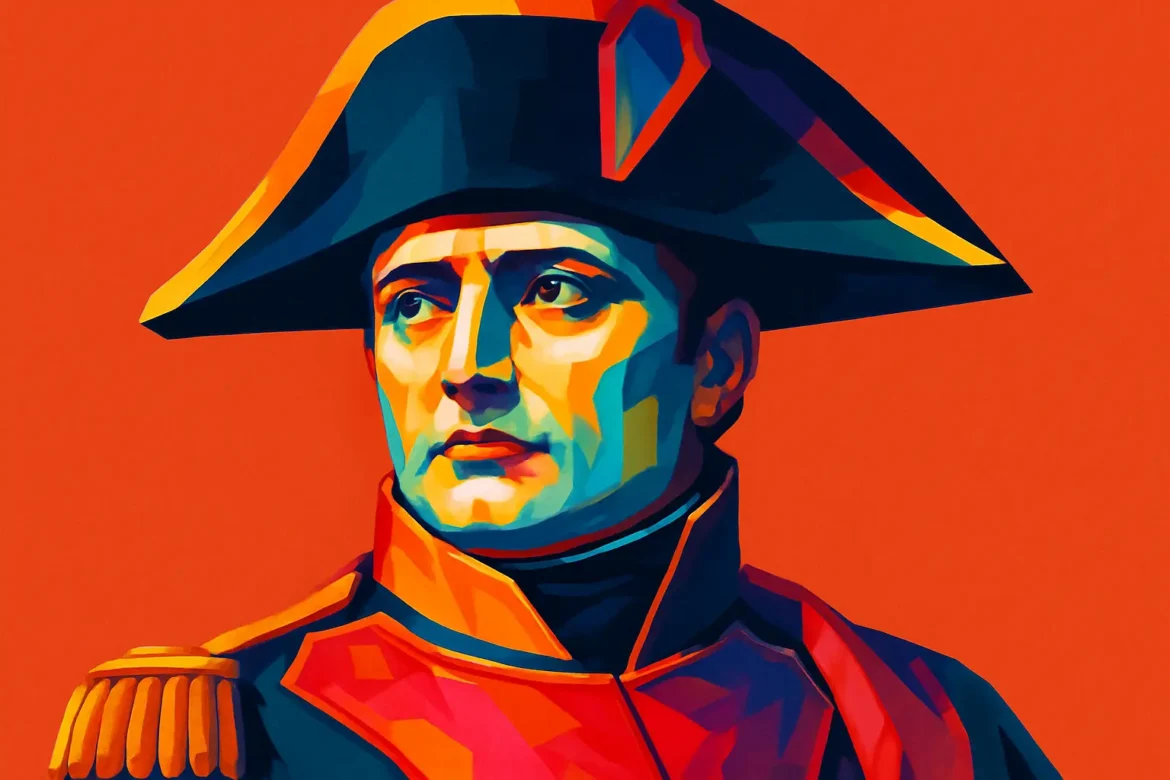 Retrato artístico estilo pop art de Napoleão Bonaparte, figura emblemática da história europeia e símbolo de conquista, liderança e estratégia militar. A imagem, com cores vibrantes e contrastantes, representa o imperador francês com seu tradicional uniforme e bicorne, destacando a força visual e simbólica do personagem cuja ambição e campanhas militares moldaram o destino de nações.