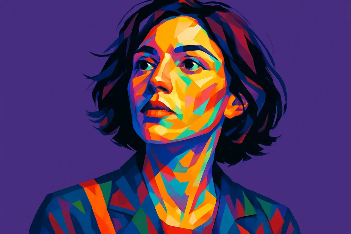 Retrato artístico em estilo pop art de uma mulher com expressão contemplativa, feito em cores vibrantes e contrastantes sobre um fundo roxo sólido. A composição transmite a intensidade das emoções e a profundidade do pensamento, remetendo ao tema do amor à distância, onde sentimentos são vividos com intensidade mesmo quando os corpos estão separados.