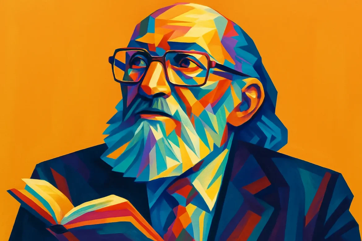 Retrato artístico em estilo pop art de Paulo Freire (1921 – 1997), renomado educador e filósofo brasileiro, autor da obra 'Pedagogia do Oprimido'. Conhecido mundialmente por suas contribuições à educação libertadora e à pedagogia crítica, Freire é retratado com um livro aberto nas mãos, simbolizando seu compromisso com o conhecimento e a transformação social por meio da educação. Seu olhar voltado para cima expressa esperança e inspiração, valores centrais de sua prática pedagógica revolucionária.