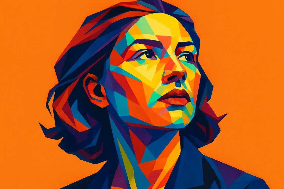 Imagem estilizada em arte pop com cores vibrantes retrata uma mulher olhando para o horizonte, expressão determinada e serena. O fundo laranja intenso e as formas geométricas coloridas representam o dinamismo das mudanças internas e o poder da transformação pessoal. A figura feminina simboliza coragem, resiliência e o renascimento de uma nova versão de si mesma.