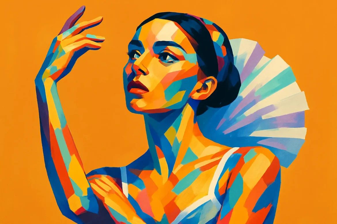 Ilustração estilizada de uma bailarina com expressão serena e vestida com figurino clássico, incluindo um coque e um tutu branco. A arte utiliza uma paleta vibrante de cores saturadas em tons de azul, laranja, amarelo e vermelho, criando um efeito visual dinâmico e moderno. O fundo laranja intenso valoriza ainda mais a figura da dançarina, capturando a elegância e a expressão emocional da dança clássica.
