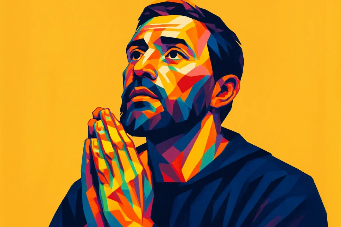 Ilustração estilizada em arte pop de um homem com as mãos unidas em oração, olhando para o alto com expressão de fé e introspecção. A imagem utiliza cores vibrantes e contrastantes sobre um fundo amarelo sólido, destacando a intensidade emocional do momento. Representa simbolicamente a espiritualidade, a esperança e a busca por conexão com o divino.