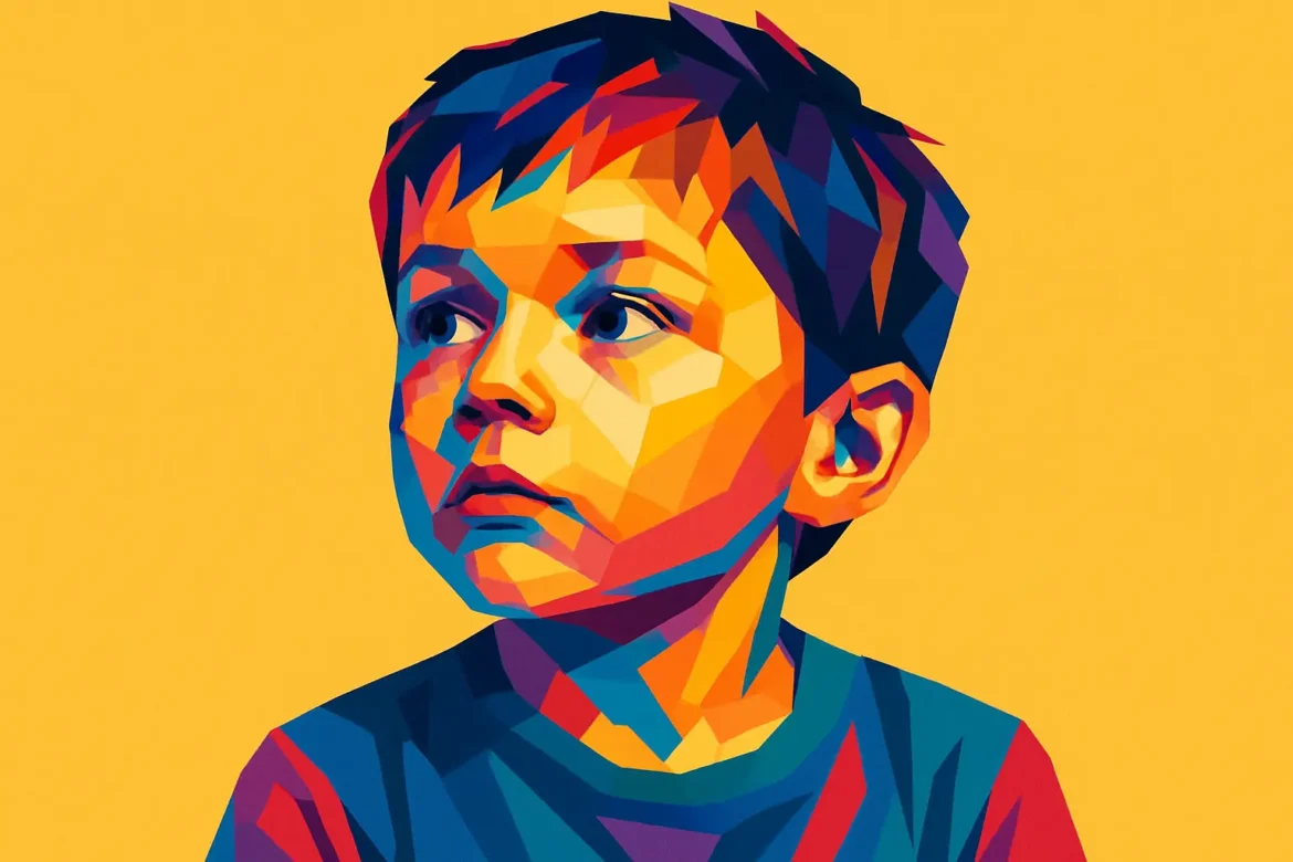 Retrato digital de um menino feito em estilo pop art, com uso vibrante de cores contrastantes em tons de azul, vermelho, laranja e amarelo. A criança tem expressão contemplativa e olha levemente para cima, transmitindo curiosidade e inocência. O fundo amarelo sólido intensifica o destaque visual do personagem, evocando uma atmosfera lúdica e inspiradora, adequada para o tema '15 Frases para Crianças'.