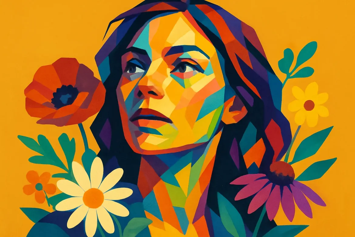 Ilustração em estilo geométrico e colorido retrata uma mulher expressiva cercada por flores típicas da primavera, como margaridas, papoulas e astros, sobre um fundo amarelo vibrante. A composição transmite a renovação e o florescimento característicos da estação, destacando o vínculo entre a beleza humana e a natureza.
